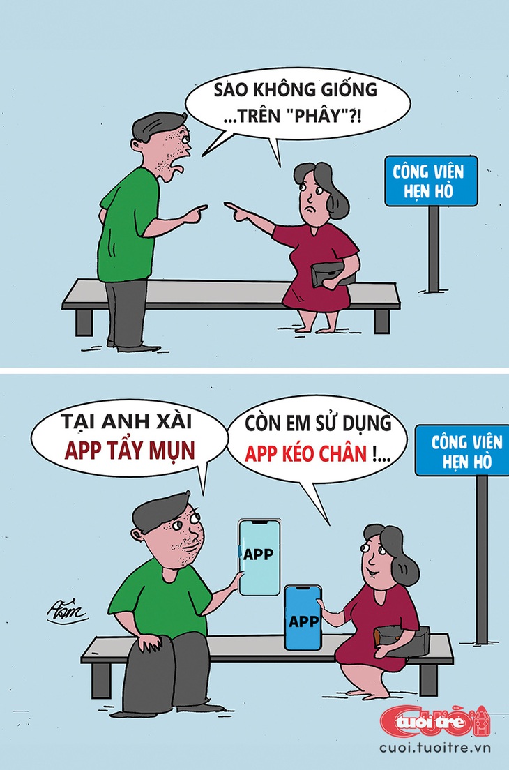 Chuyện&nbsp;hẹn hò&nbsp;"té ngửa" vì app chỉnh ảnh - Tranh: Bùi Thanh Tâm