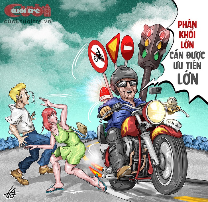 Ý thức bé sao chạy mô tô&nbsp;phân khối lớn? - Tranh: Nguyễn Tuấn Anh 