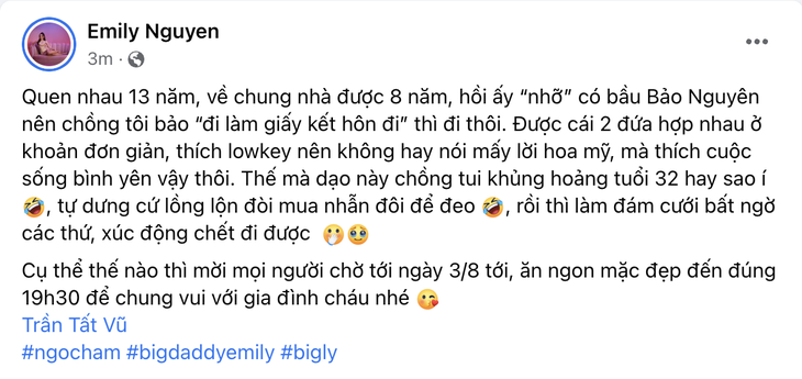 Lời chia sẻ của Emily trên Facebook cá nhân.