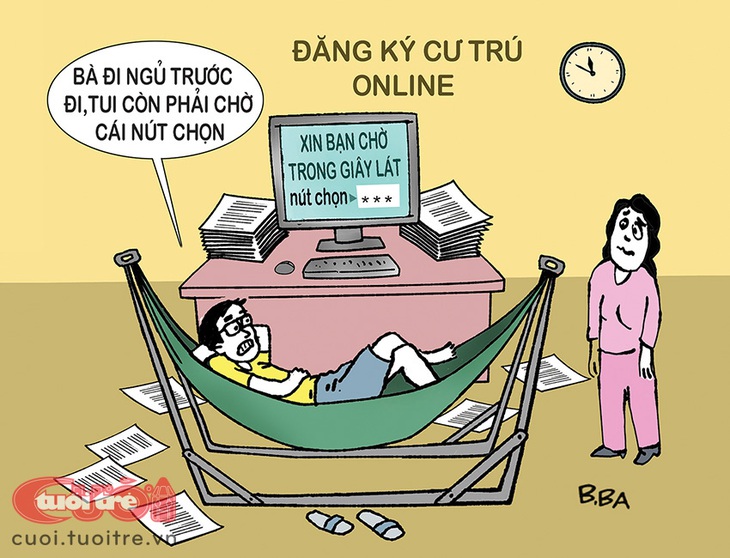 "Lên bờ xuống ruộng" với đăng ký cư trú trực tuyến - Tranh: B.Ba 