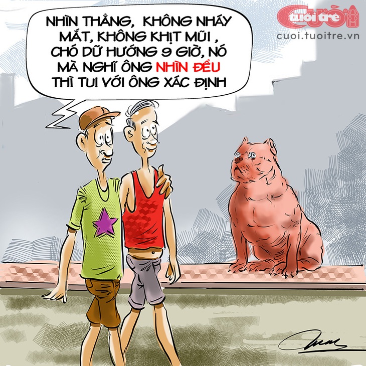 Đối phó với&nbsp;chó dữ bằng... mắt - Biếm họa của Đỗ Minh Tuấn 