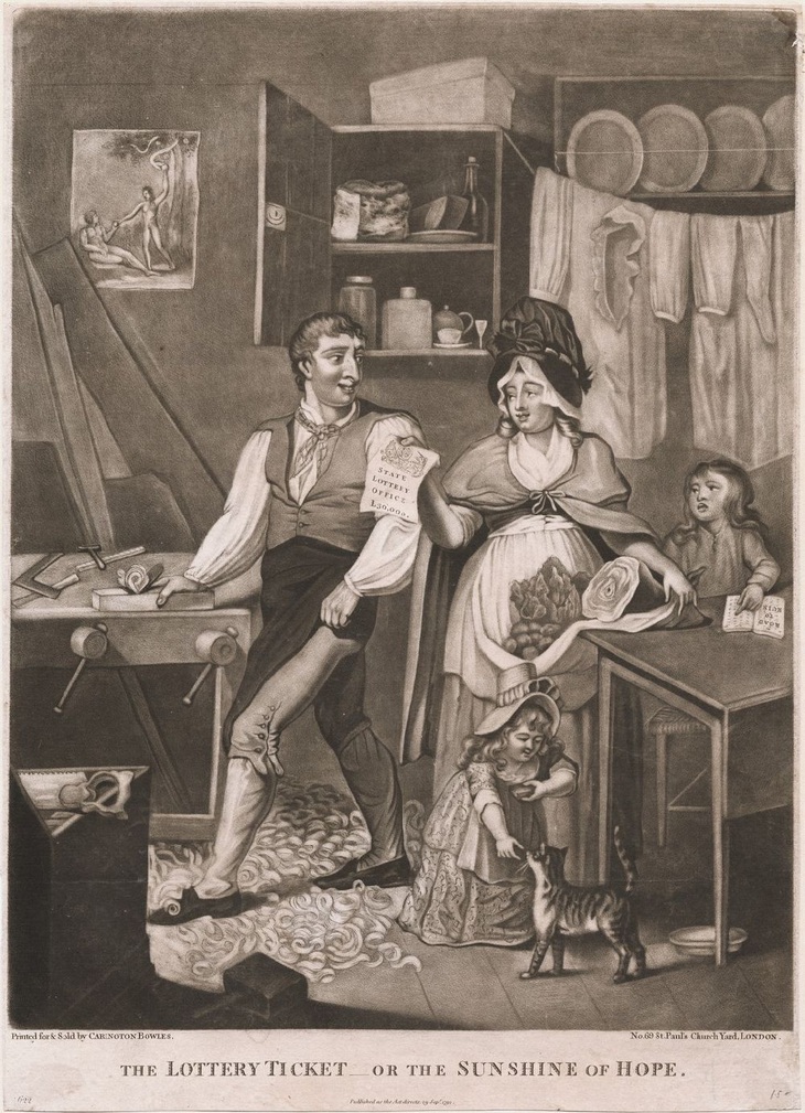 "Vé số hay ánh nắng hi vọng", tranh in khắc nạo của Carington Bowles (London) năm 1792. Nguồn: Bảo tàng Anh