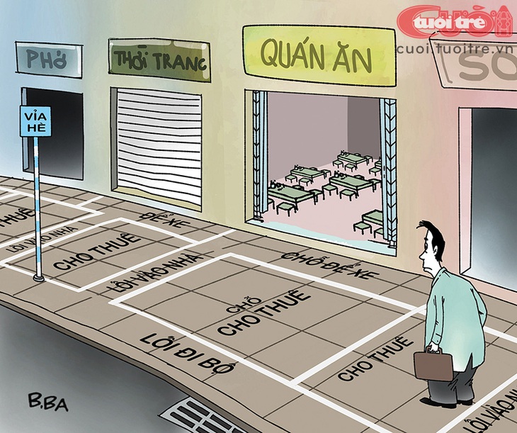 Lối đi bộ "eo hẹp" trên vỉa hè - Tranh: B.Ba 