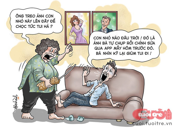 Ông chồng bị ăn đòn oan vì&nbsp;app làm đẹp - Tranh: Độc Hành 