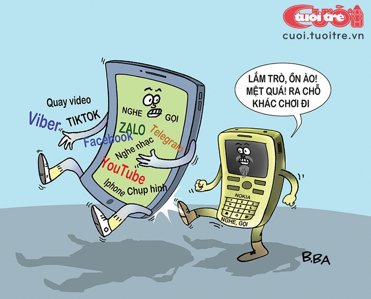 Tắt sóng 2G, điện thoại "cục gạch" băng hà - Tranh biếm họa của B.Ba