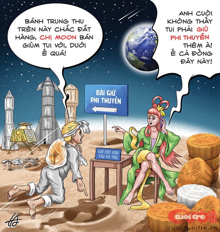 Bánh trung thu ế chỏng chơ, Hằng Nga phải làm thêm việc khác - Tranh: Nguyễn Tuấn Anh 