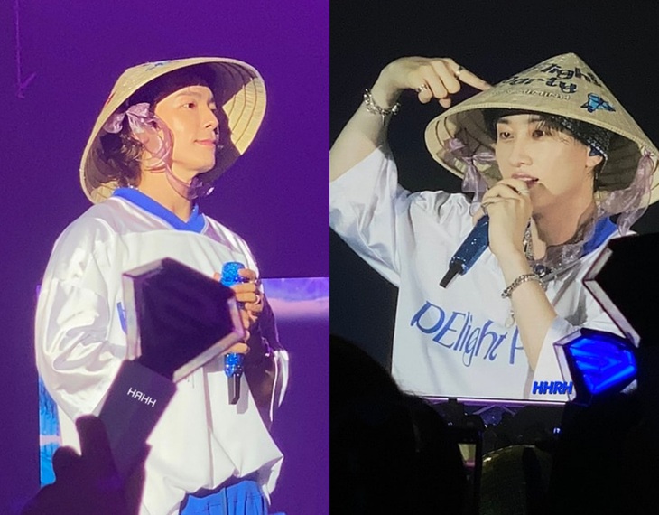Donghae và Eunhyuk đội nón lá được FC Việt chuẩn bị và biểu diễn tại Delight Party