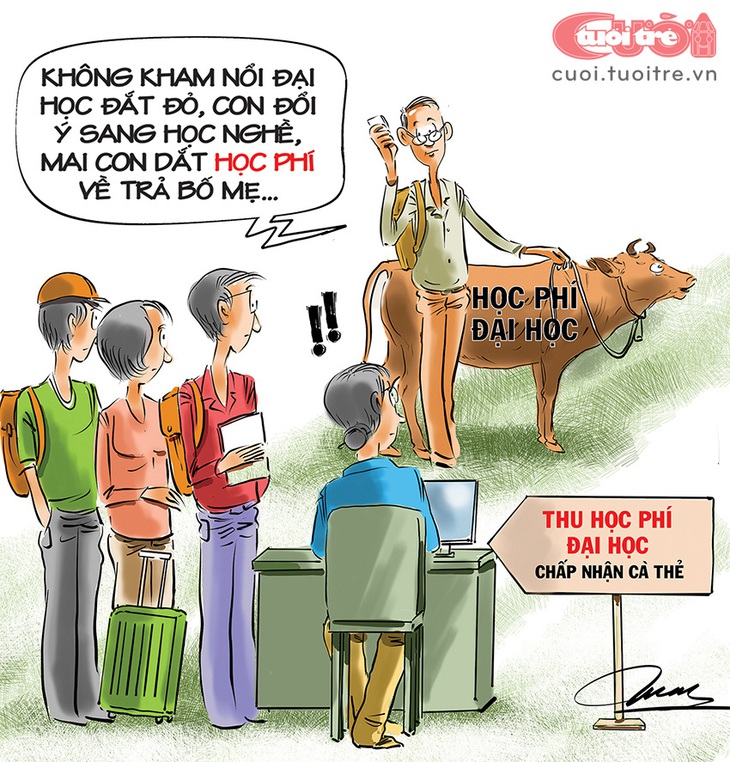 Không kham nổi các khoản lệ phí của trường đại học, thanh niên "quay xe" sang học nghề - Tranh: Đỗ Minh Tuấn 