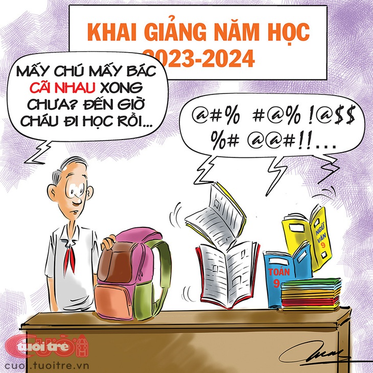 Sách giáo khoa "cãi nhau" trước thềm&nbsp;khai giảng năm học mới&nbsp;- Tranh biếm họa của Đỗ Minh Tuấn