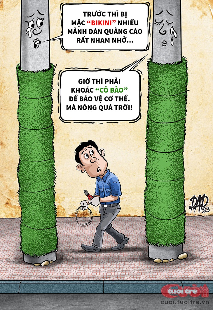 Cột điện mặc "cỏ bào" để bảo vệ cơ thể - Tranh biếm họa của DAD