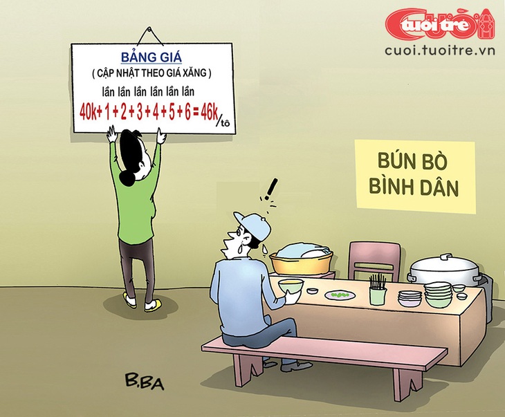 Quan hệ hữu cơ giữa&nbsp;bún bò&nbsp;và... xăng - Tranh: B.Ba