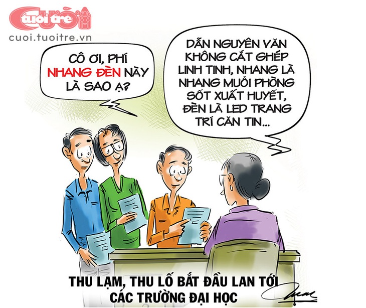 Phí nhang đèn trong trường&nbsp;đại học? - Tranh: Đỗ Minh Tuấn 