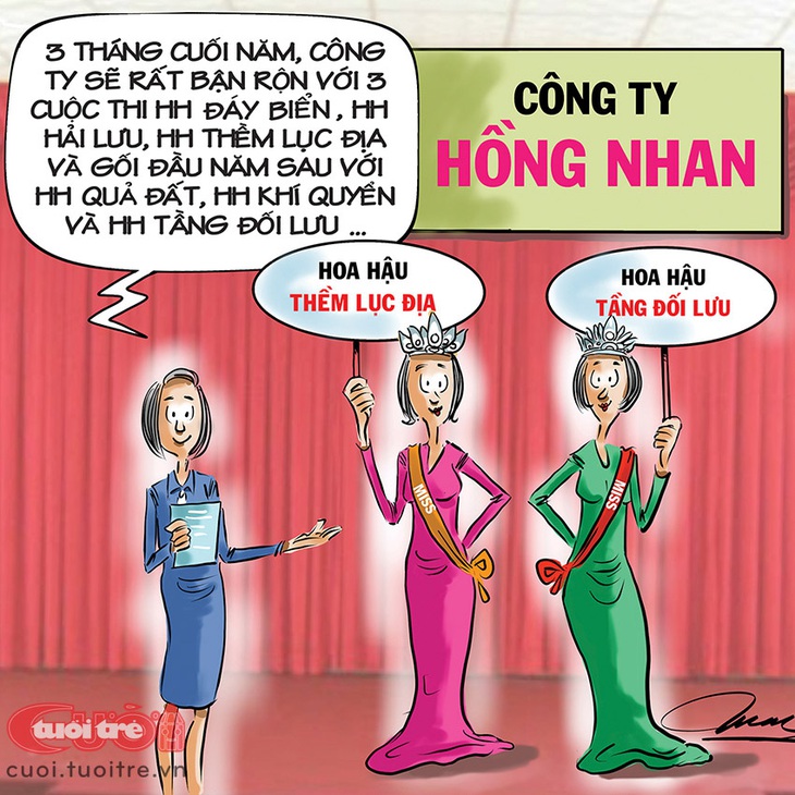 Công ty Hồng Nhan giới thiệu&nbsp;hoa hậu "trên trời dưới biển" - Tranh: Đỗ Minh Tuấn 