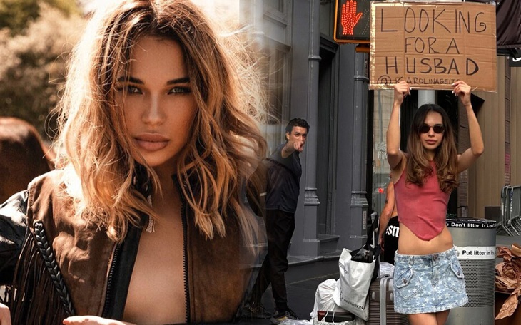 Mẫu nữ giơ bảng "kiếm chồng" trên phố đông