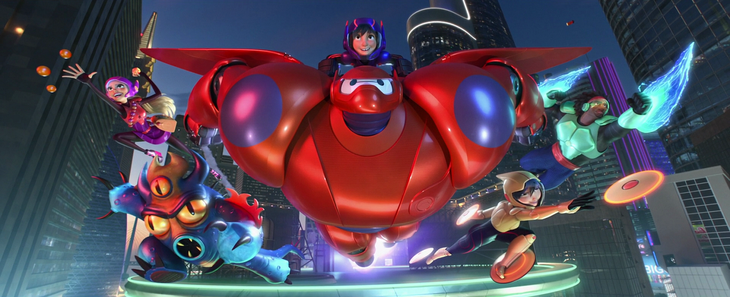 Nhóm siêu anh hùng gồm Baymax và các thành viên khác là Wasabi, Go Go, Fred và Honey Lemon.