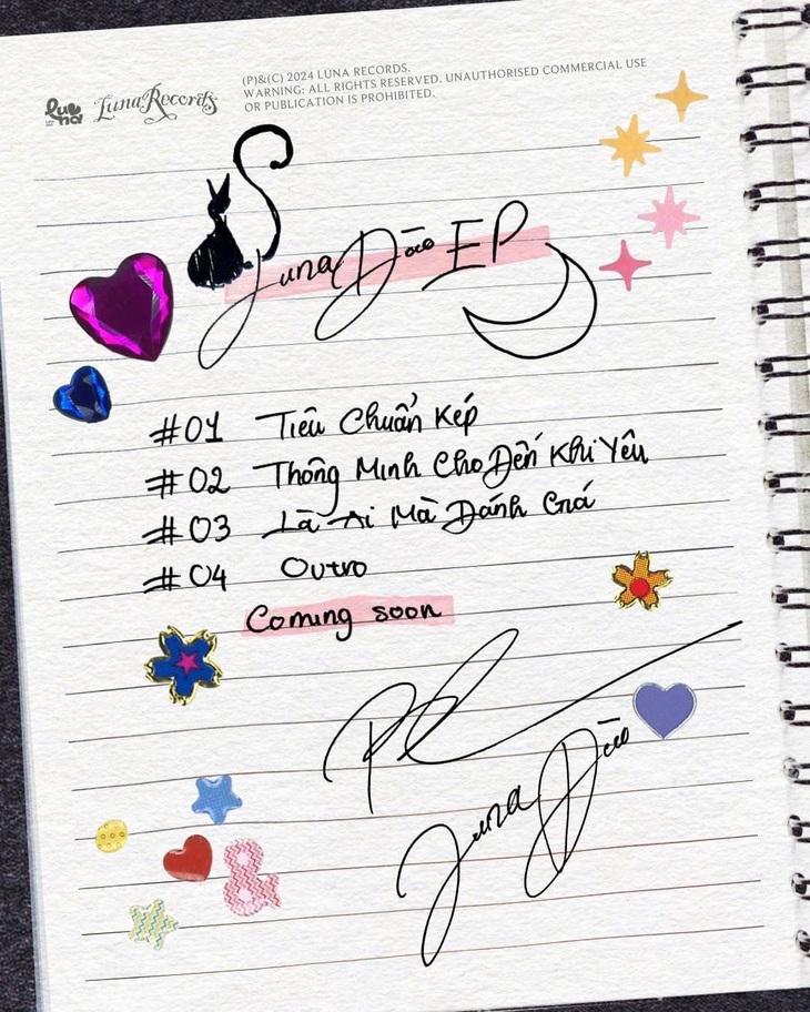 Thông tin về E.P sắp ra mắt được Luna Đào cẩn thận viết tay và chia sẻ trên mạng xã hội.