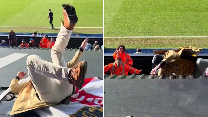 Cổ động viên quá khích ngã khỏi khán đài tại Cúp FA - Ảnh: THE SUN