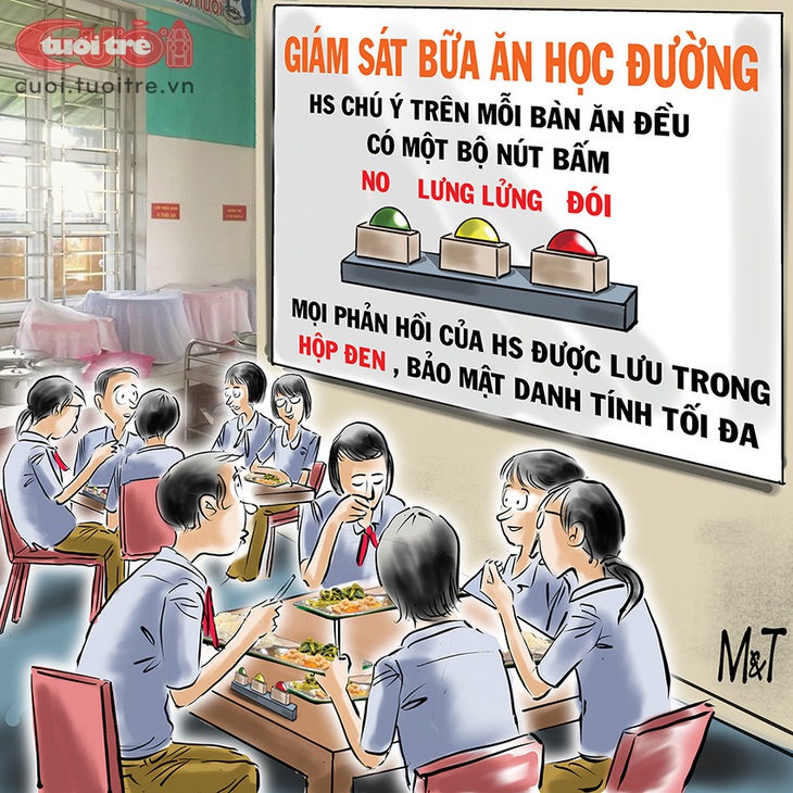 Giám sát&nbsp;suất ăn bán trú bằng... nút bấm - Tranh: Đỗ Minh Tuấn 