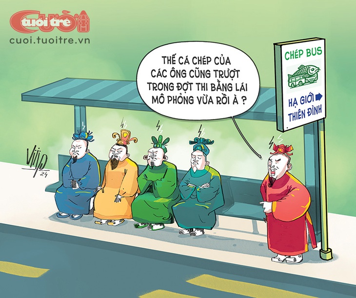 Các ông Táo trượt bằng lái cá chép - Tranh: Viiip 