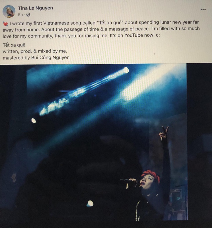 Tina Châu Lê với phần giới thiệu về sáng tác tiếng Việt đầu tay, cũng là một ca khúc Tết, trên trang cá nhận