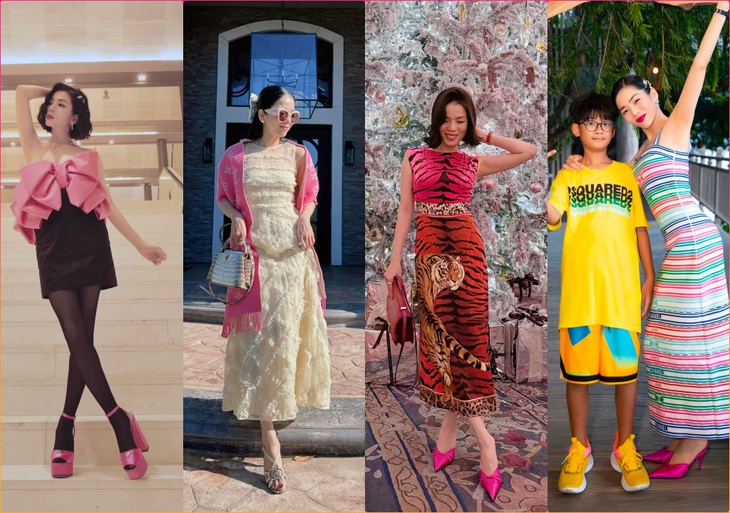 Có lẽ vì đam mê nên Lệ Quyên bất chấp phối từ giày cao gót, túi xách, áo, cho đến khăn choàng có gam màu yêu thích. Trong đó, đôi giày cao gót hồng của nữ ca sĩ trở thành huyền thoại bởi chưa có lần nào được kết hợp thành công.