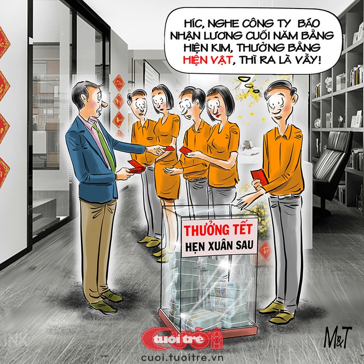 Công ty thưởng Tết kỳ cục làm nhân viên ngỡ ngàng - Tranh: Đỗ Minh Tuấn 
