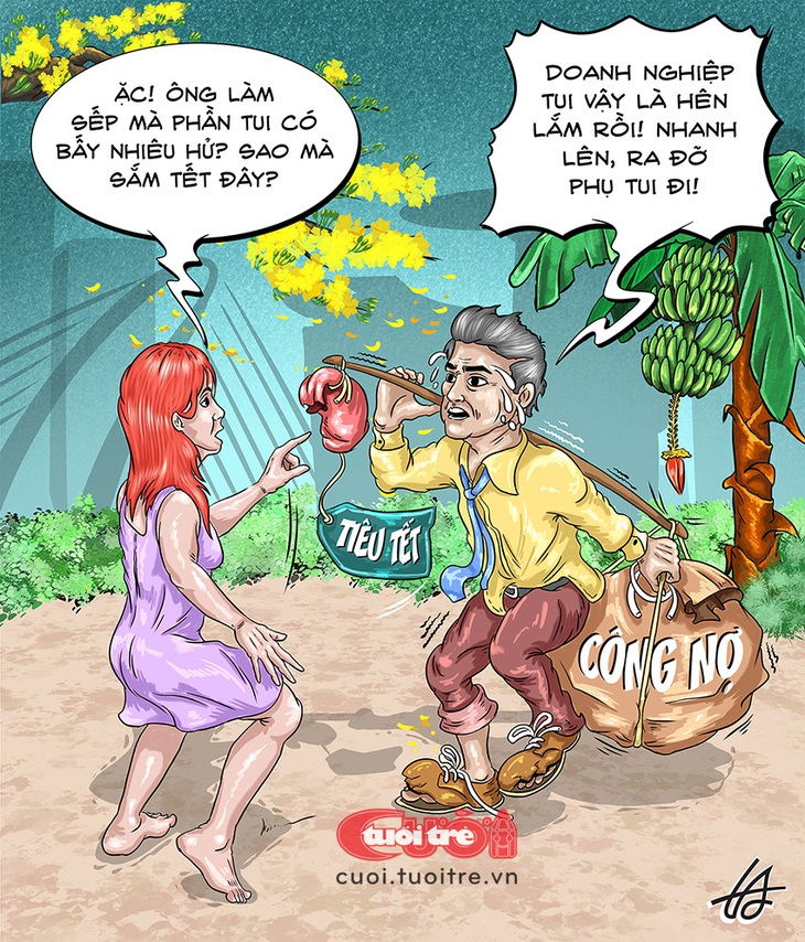 Chủ doanh nghiệp tự thưởng Tết cho mình - Tranh: Nguyễn Tuấn Anh 