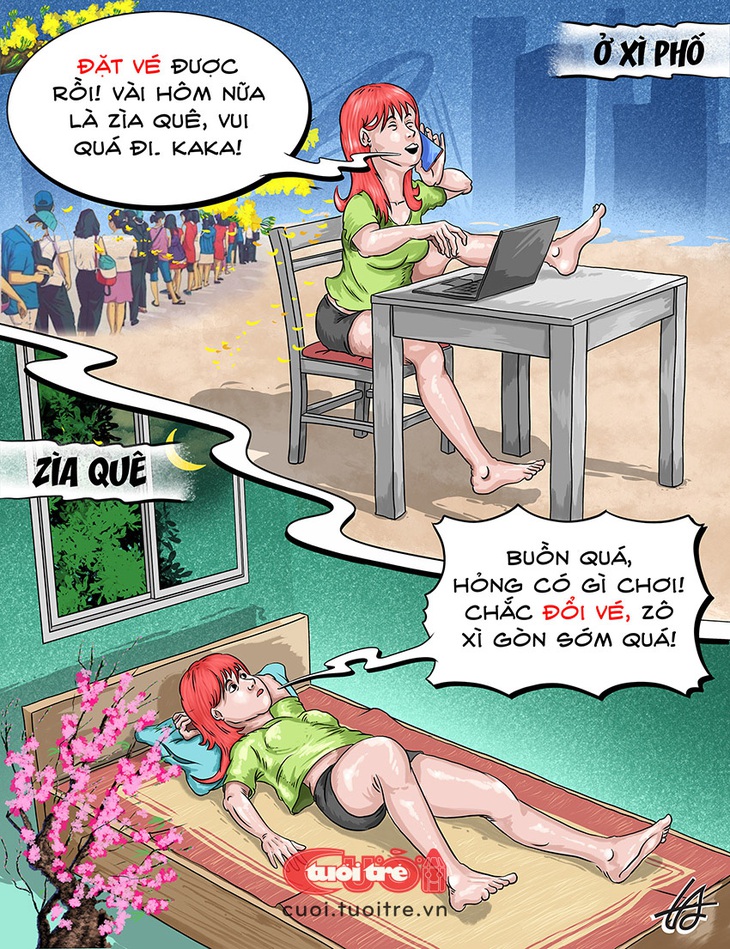 Cô gái hớn hở vì đặt được vé về quê ăn Tết - Tranh: Nguyễn Tuấn Anh 