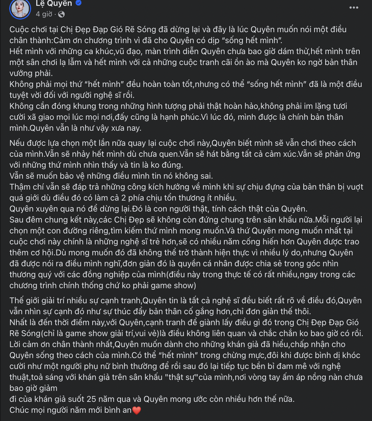 Tâm thư của Lệ Quyên sau đêm chung kết