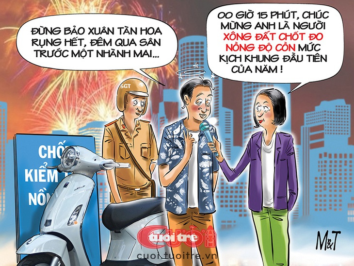 Thanh niên xông đất chốt đo nồng độ cồn - Tranh: Đỗ Minh Tuấn