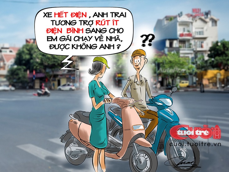 Khi xe máy điện phải "lụy" xe chạy xăng - Tranh: Đỗ Minh Tuấn 