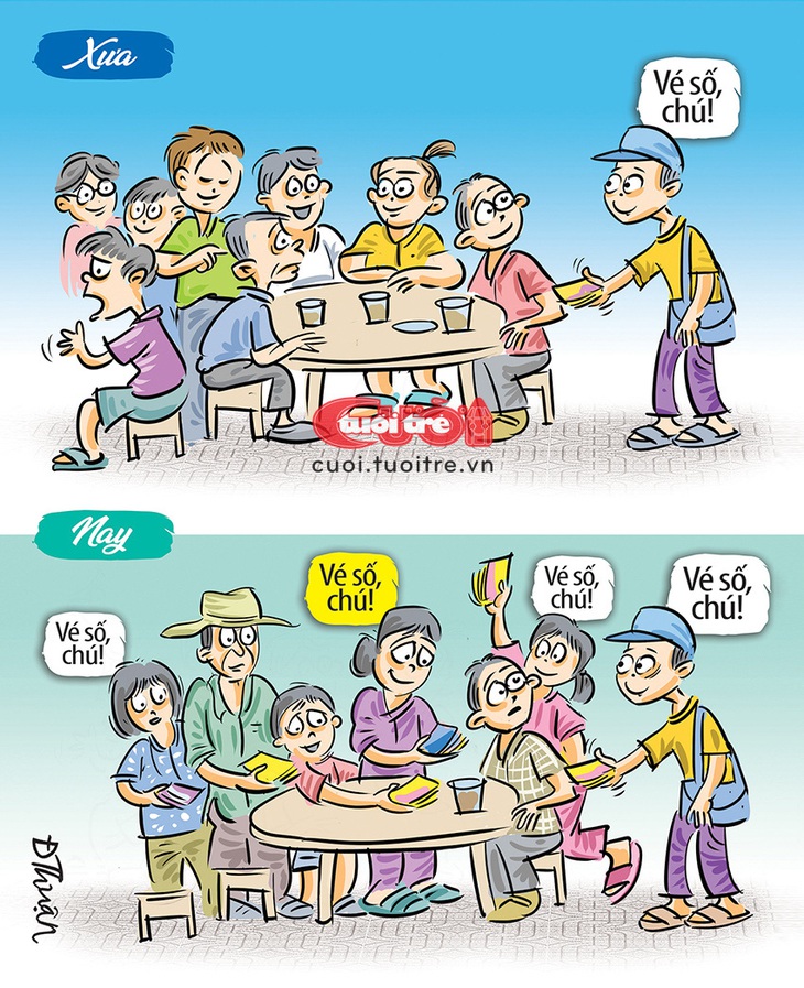 Vé số xưa và nay - Tranh: Đức Thuận 