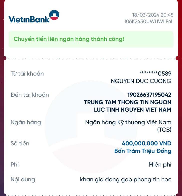 Số tiền chuyển đến tài khoản Trung tâm Nguồn lực tình nguyện Việt Nam lệch so với số tiền ca khúc 'Nấu ăn cho em' thu được. (Ảnh: NVCC) 