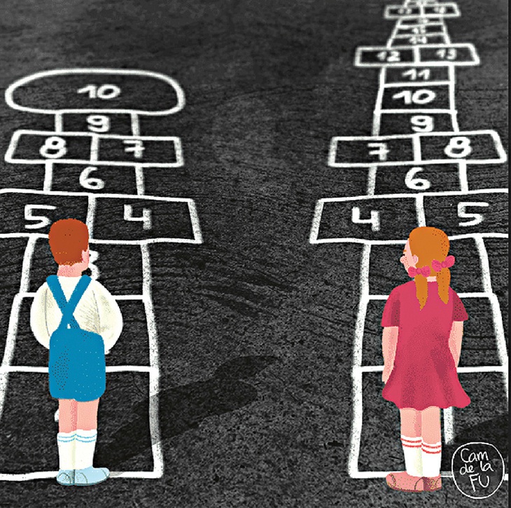 Sân chơi cũng chẳng công bằng - tranh của cô Camila de la Fuente, họa sĩ Venezuela (Giải họa sĩ trẻ của cuộc thi Họa sĩ nữ biếm họa quốc tế, năm 2020).