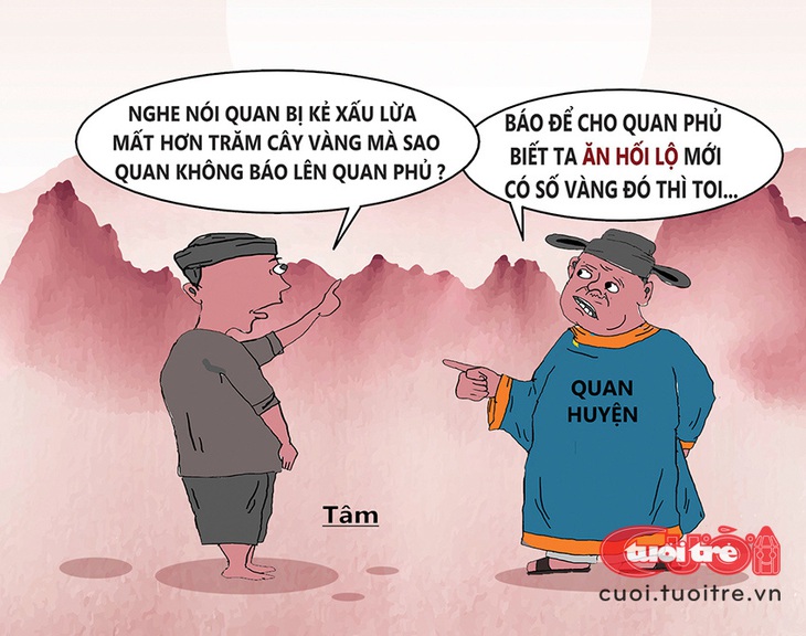 Quan huyện bị lừa vố đau nhưng vẫn "tỉnh" - Tranh: Bùi Thanh Tâm 