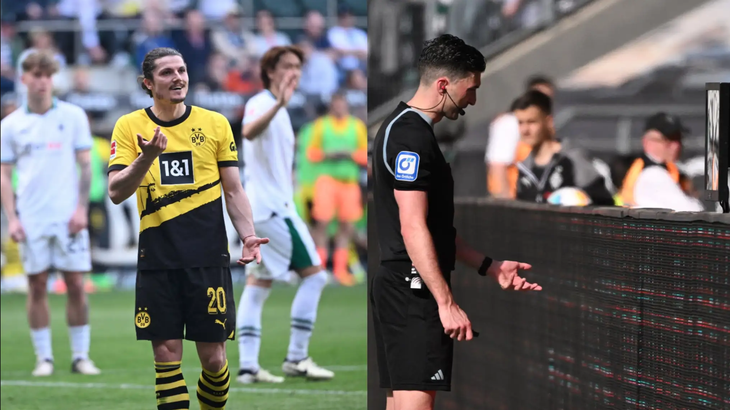 Marcel Sabitzer (trái) khó hiểu với quyết định check VAR của trọng tài - Ảnh: Getty