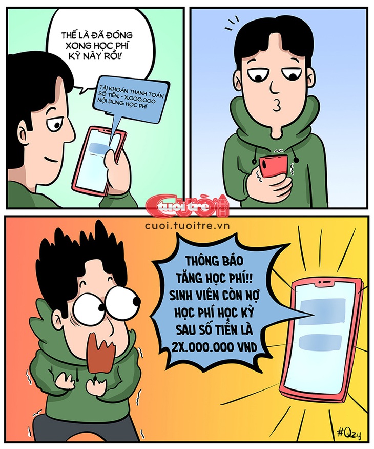 Tân sinh viên bất ngờ với học phí 'tăng một tí' - Tranh: Qzy 