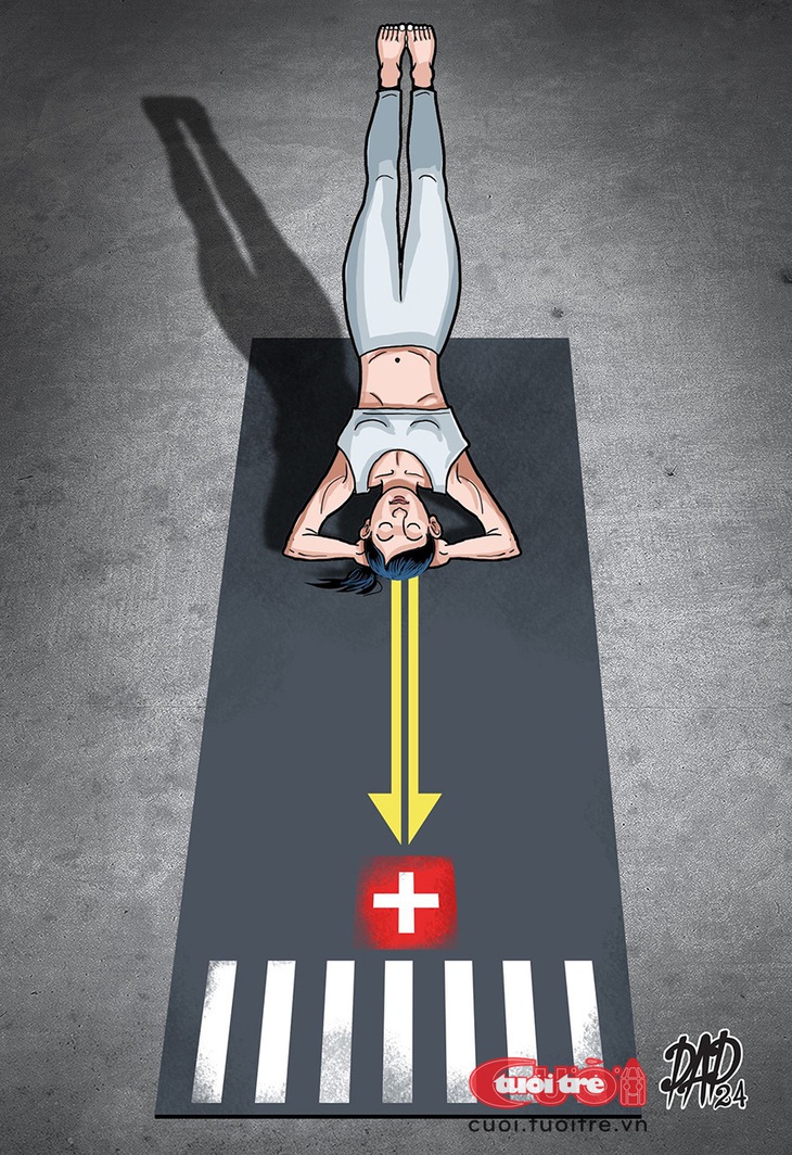 Tập&nbsp;yoga giữa đường bất chấp an toàn giao thông - Tranh: DAD 