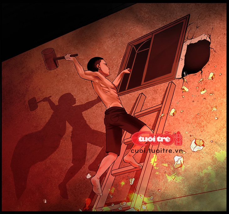 Thor phiên bản đời thực: Mình trần dùng búa tạ đập tường cứu người - Tranh: Vàng