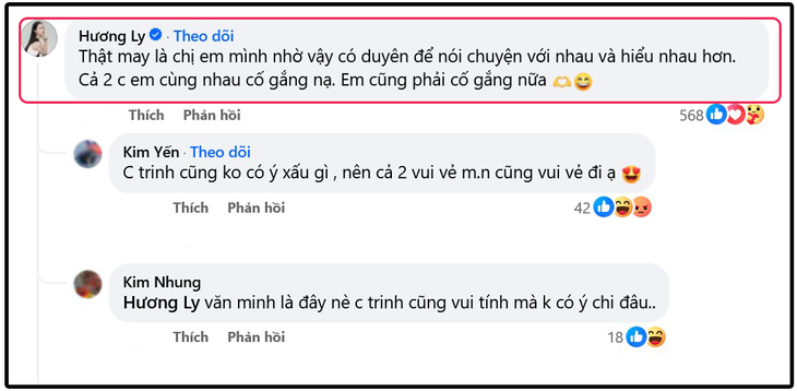 Hương Ly để lại bình luận bên dưới bài đăng tâm thư xin lỗi của Phương Trinh Jolie.