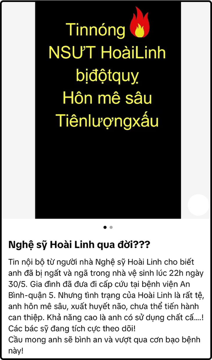 Bài đăng thất thiệt về NSƯT Hoài Linh được lan truyền trên mạng xã hội.