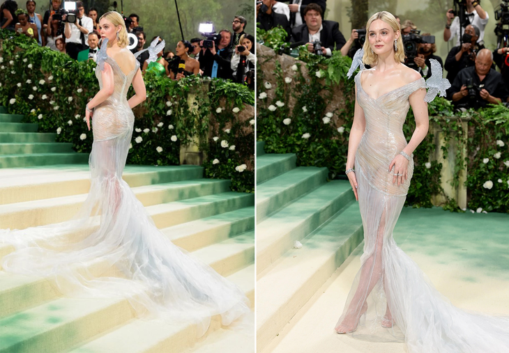 Elle Fanning hóa công chúa băng giá với bộ váy trong suốt tạo nhấn bằng hai chú chim trên đỉnh cầu vai.
