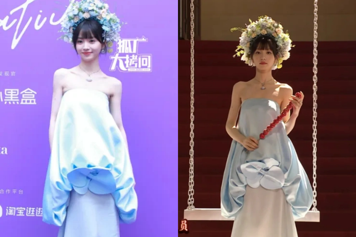 Điềm Hi Vi lựa chọn trang phục xanh pastel cùng vòng hoa đội đầu giúp cô khoe nhan sắc ngọt ngào cùng làn da sáng mịn. Tuy nhiên, cũng chính chiếc váy này đã dìm đi chiều cao của cô.