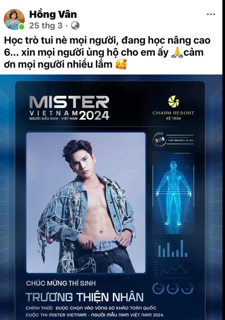 NSND Hồng Vân từng đăng bài chúc mừng Thiện Nhân được chọn tham gia Mister Vietnam 2024 trên trang cá nhân&nbsp;