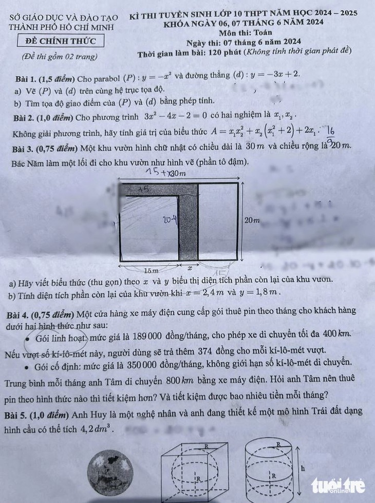 Trang 1 đề thi toán lớp 10 TP.HCM - (Ảnh: DUYÊN PHAN)