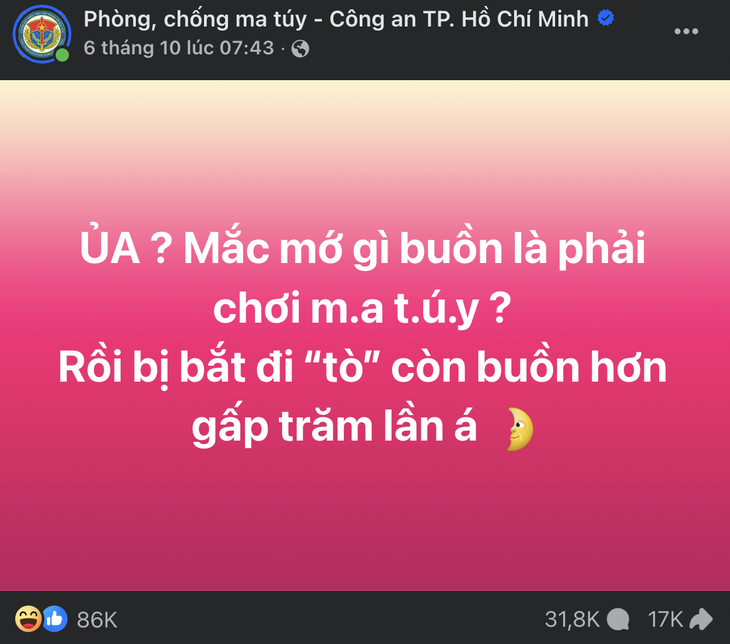 Fanpage Phòng, chống ma túy - Công an TP.HCM gây bão với nội dung 'đu trend' - Ảnh 1.