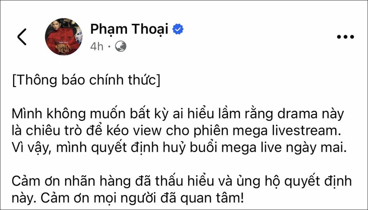 Phạm Thoại hủy phiên livestream bán hàng giữa ồn ào từ thiện - Ảnh 1.