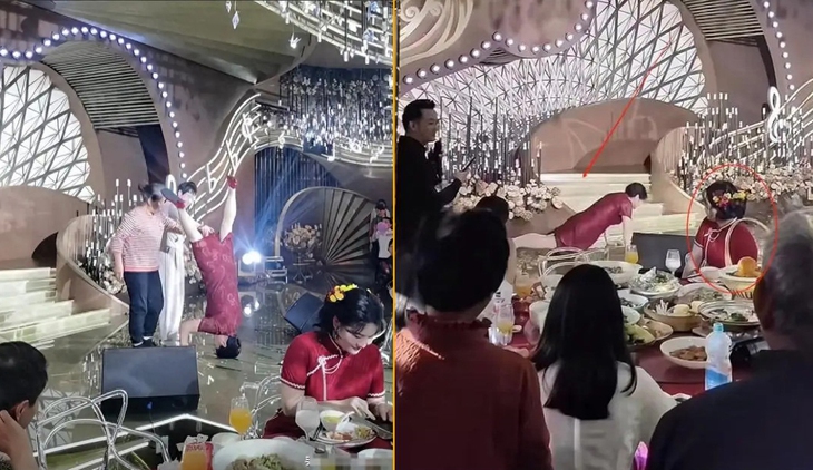 Mẹ chú rể trổ tài 'trồng chuối' trên sân khấu cưới - Ảnh 1.