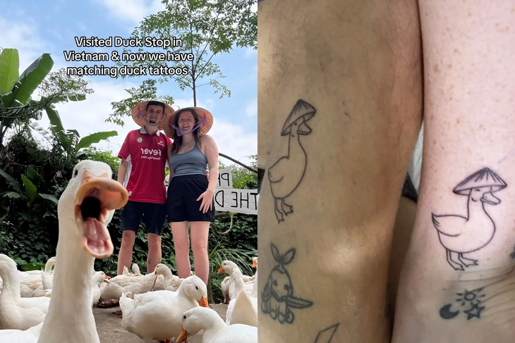 Cặp đôi Tây xăm hình chú vịt đội nón lá sau khi du lịch Việt Nam - Ảnh 1.