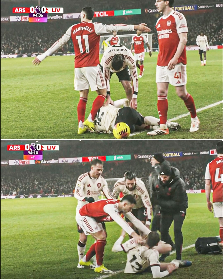 Martinelli của Arsenal gây tranh cãi vì đẩy cầu thủ Liverpool chấn thương ra sân - Ảnh 1.